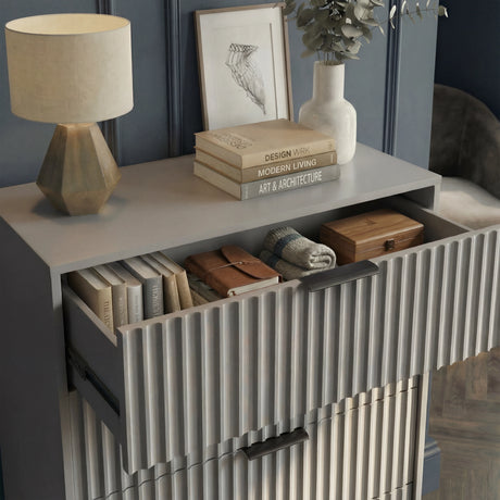 Grey flutrina chest top panel styled in bedroom environment highlighting smooth surface