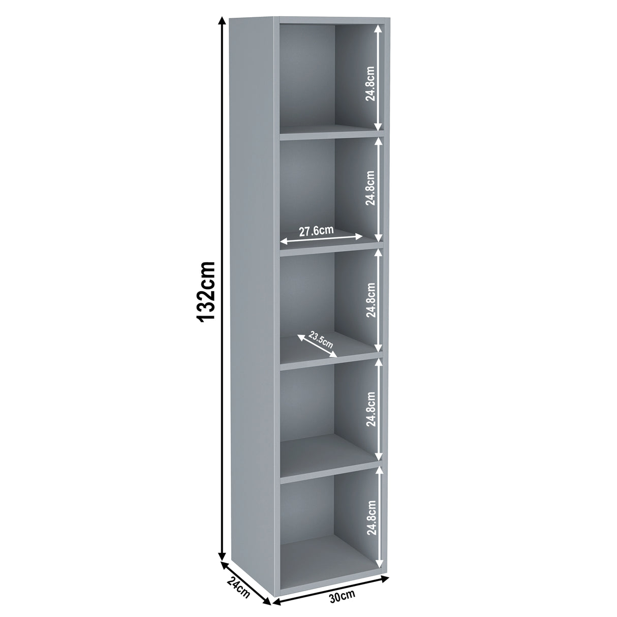[5 Shelf | Grey] 5 tier grey tall slim bookcase with height 132cm and width 30cm. Shelf height 25cm and depth 23.5cm