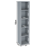 [5 Shelf | Grey] 5 tier grey tall slim bookcase with height 132cm and width 30cm. Shelf height 25cm and depth 23.5cm