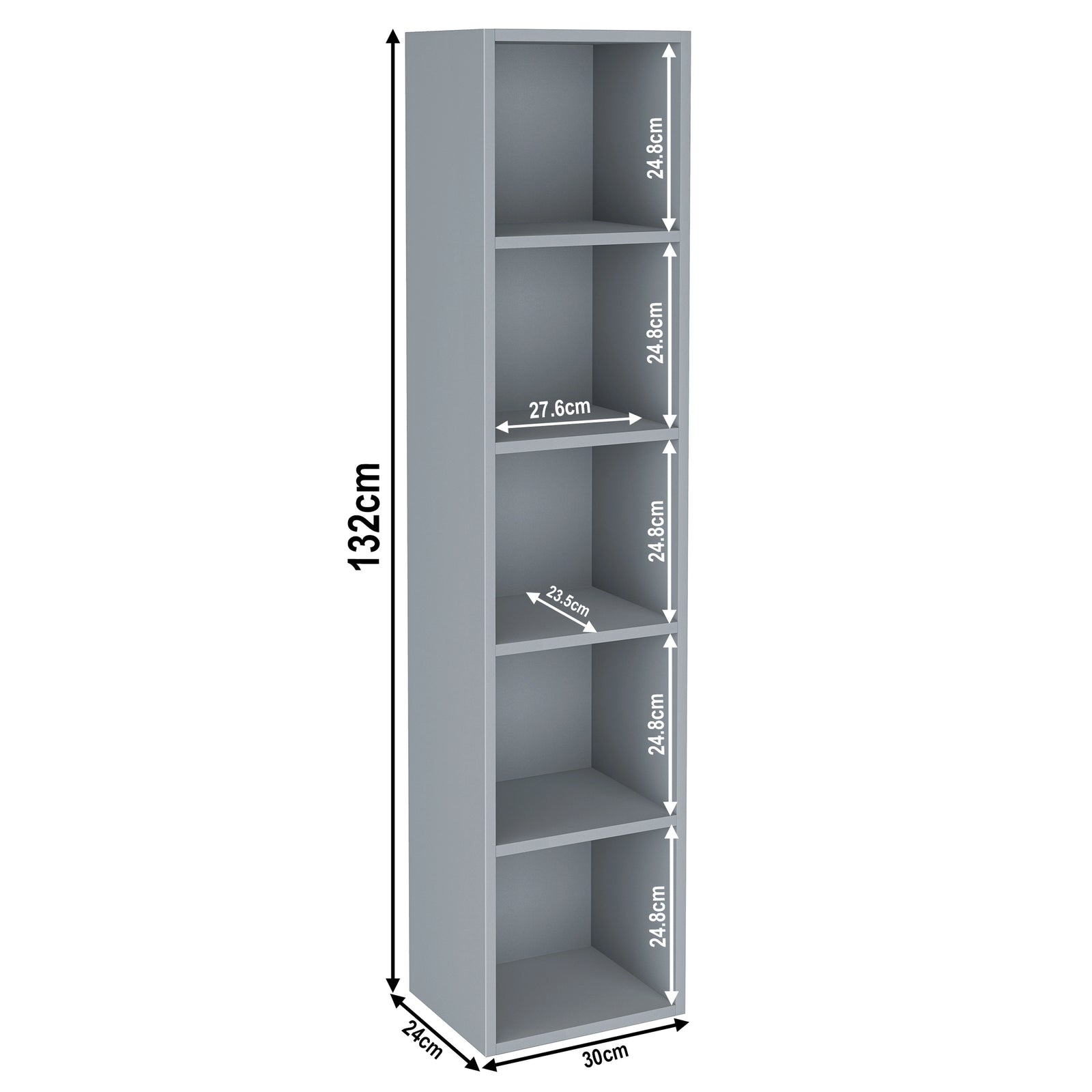 [5 Shelf | Grey] schematic of five-cubby floor-to-eye grey unit, 30 x 24 x 132 cm; pairs stoneware ceramic bowl