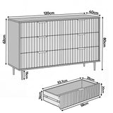 Dimension diagram of grey 6 drawer chest showing width 120 cm, depth 40 cm, height 80 cm, and drawer sizes