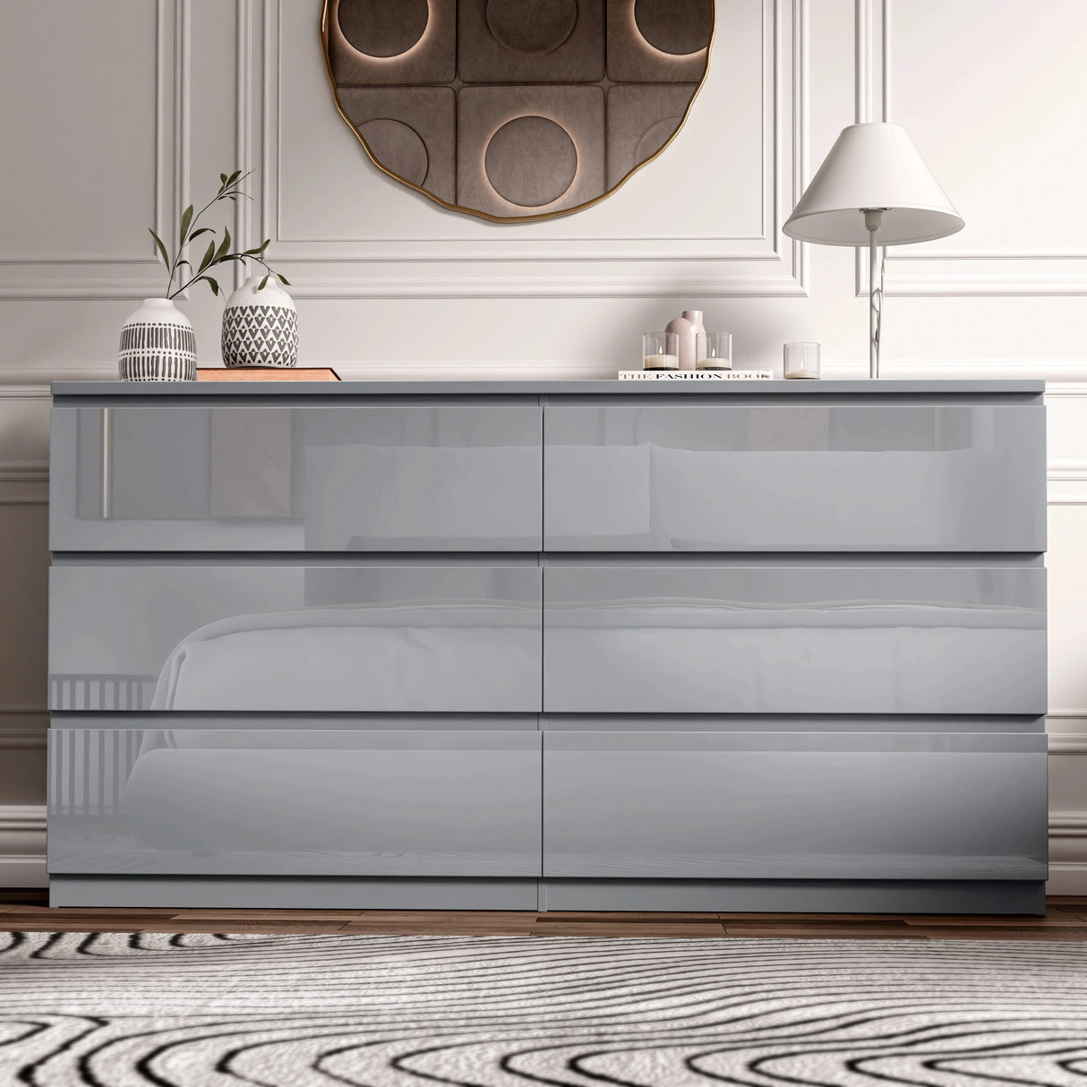 [Grey] High gloss 6 drawer chest front view closed in panelled bedroom with striped rug.