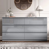 [Grey] High gloss 6 drawer chest front view closed in panelled bedroom with striped rug.