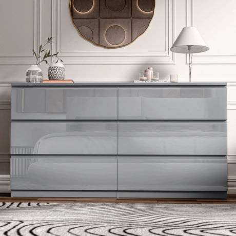 [Grey] High gloss 6 drawer chest front view closed in panelled bedroom with striped rug.