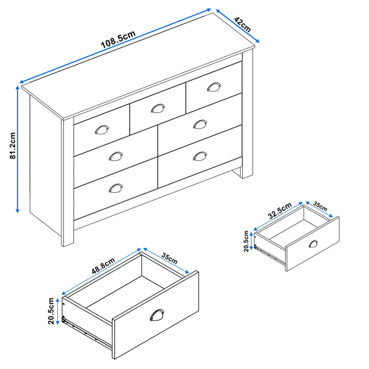 [Grey] Dimension diagram: 108.5cm x 42cm x 81.2cm with small and large drawer sizes labelled.