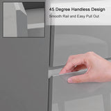 [Grey] A hand pulls a handle on a modern chest of drawers, demonstrating a smooth, handleless design. The image includes text reading '45 Degree Handless Design' and 'Smooth Rail and Easy Pull Out'.