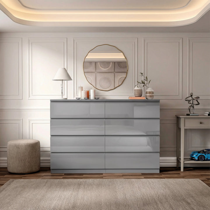 [Grey] high gloss wide chest of drawers grey straight-on with mirror above and rug at the base