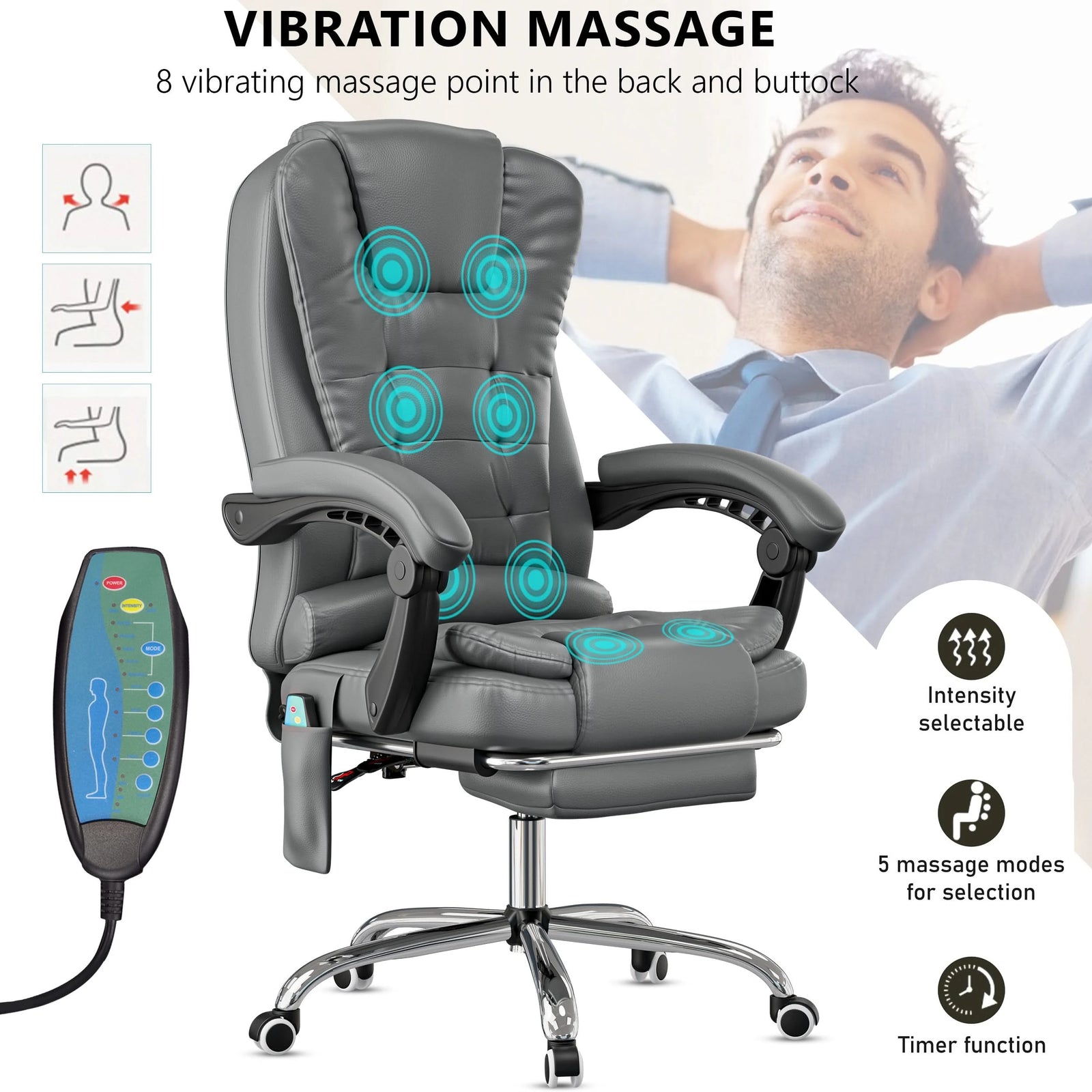 [Grey] grey office chair with 8-point massage graphic and remote detail for selecting mode, speed, and massage duration
