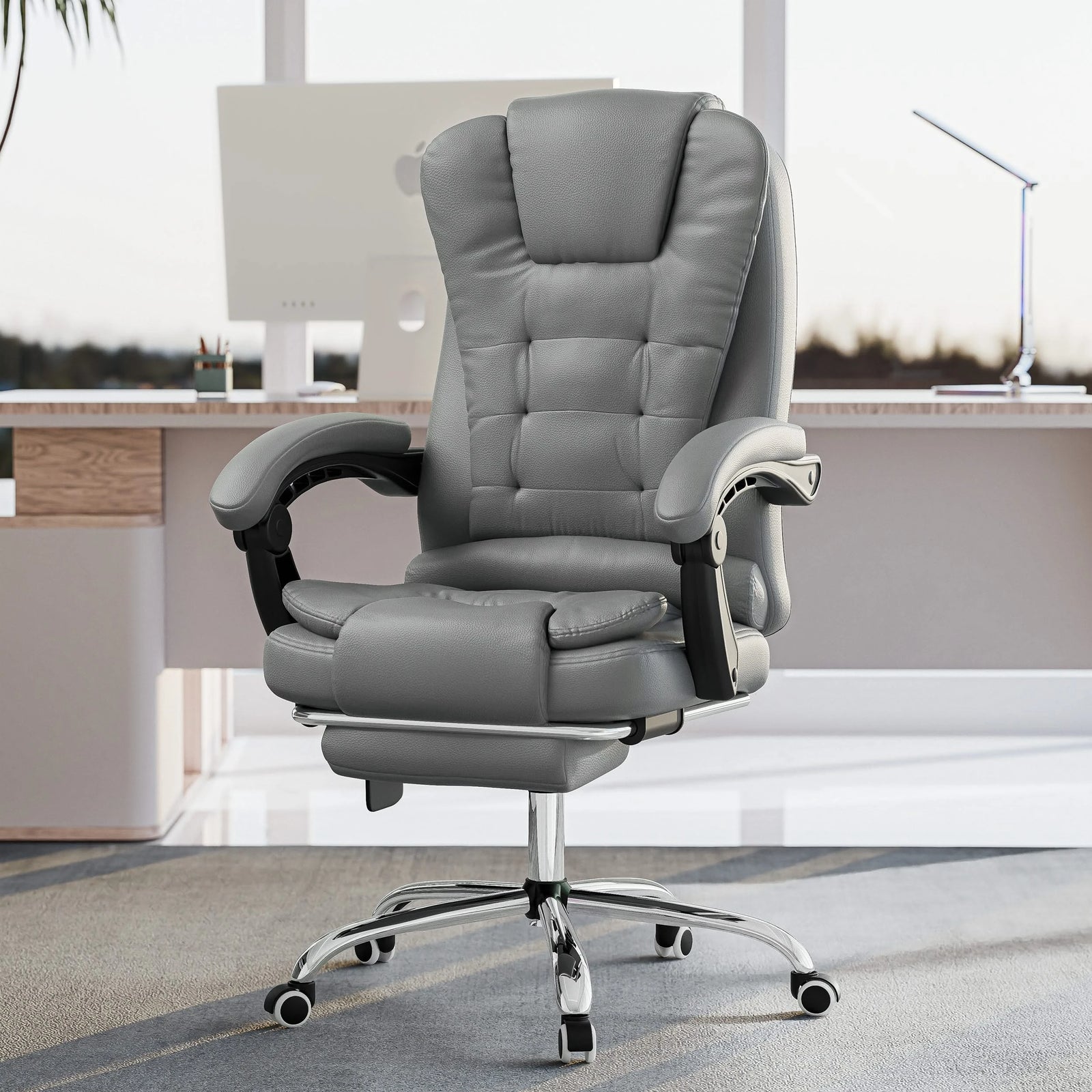 [Grey] grey leather recliner chair placed in a minimalist office setting to add a touch of modern luxury to your workspace