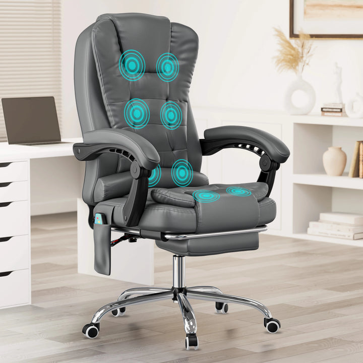 [Grey] grey PU leather comfy desk chair with padded backrest and footrest, styled in a tidy modern home office