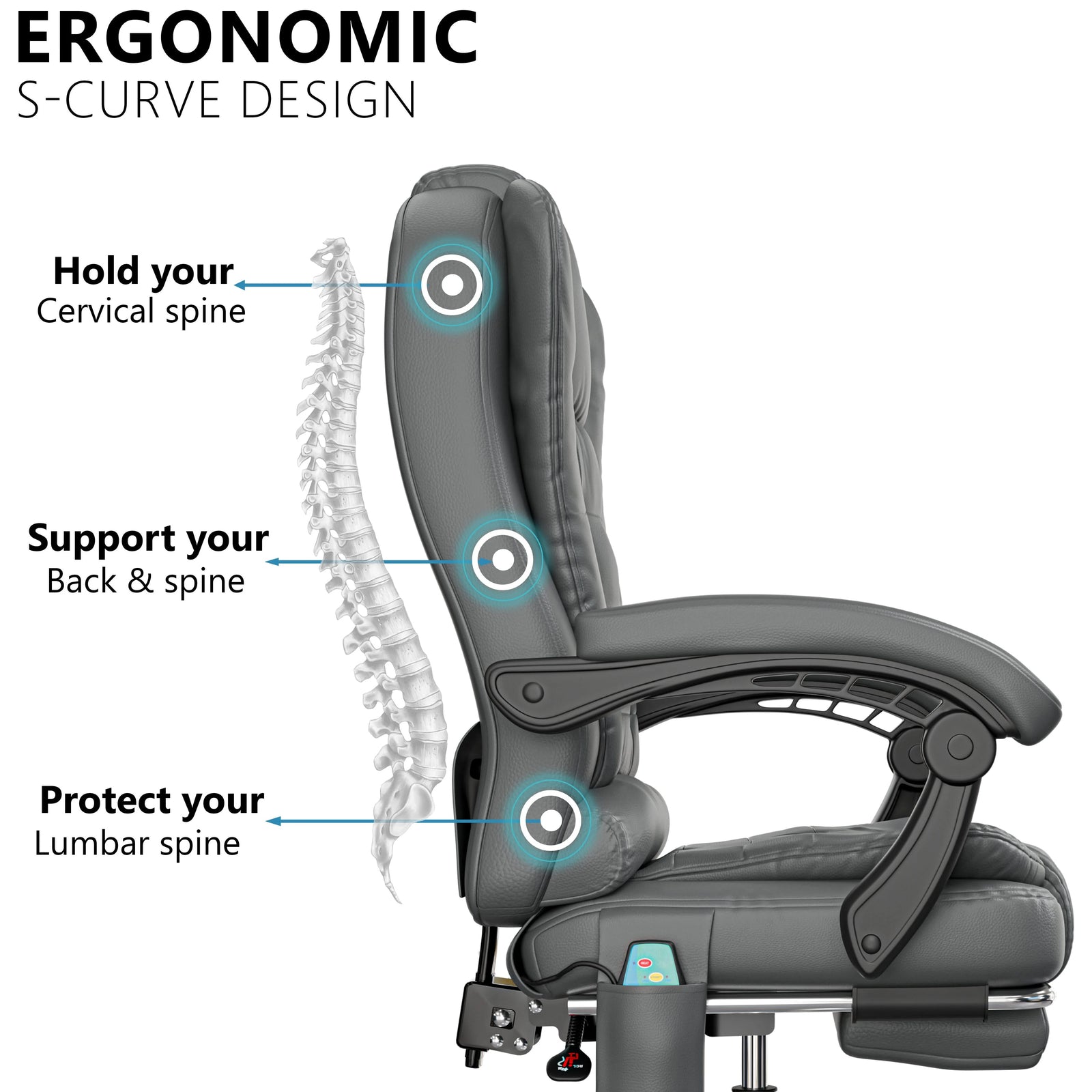 [Grey] ergonomic desk chair in grey PU leather highlighting S-curve backrest for lumbar support and daily comfort