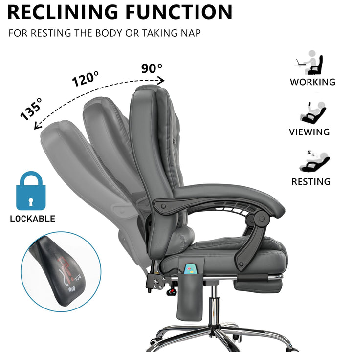 [Grey] grey study chair reclined to show 90° to 135° range, with inset of knob used for adjusting backrest angle