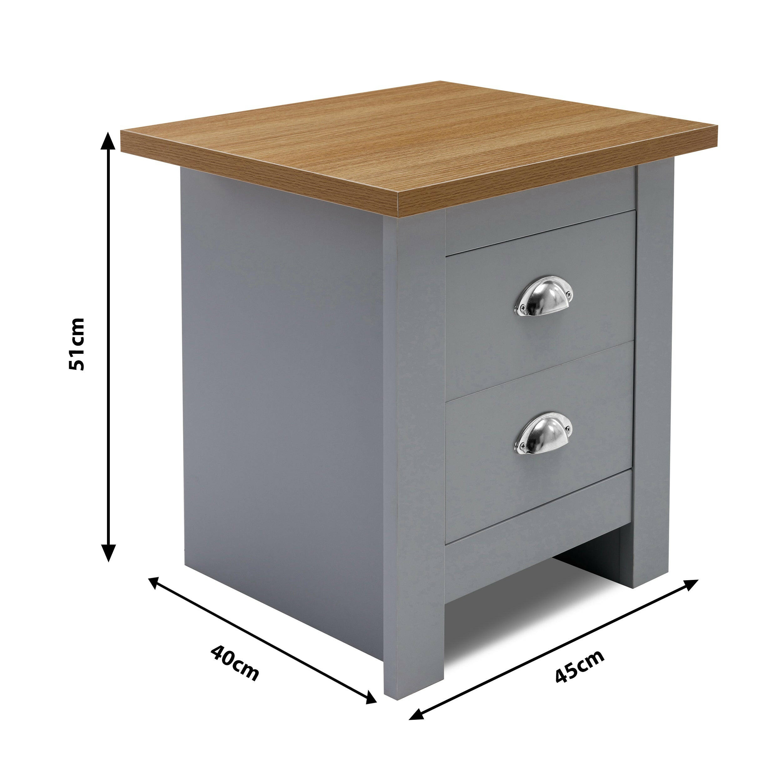 Stylish grey and oak bedside table, combining modern design with natural wood accents