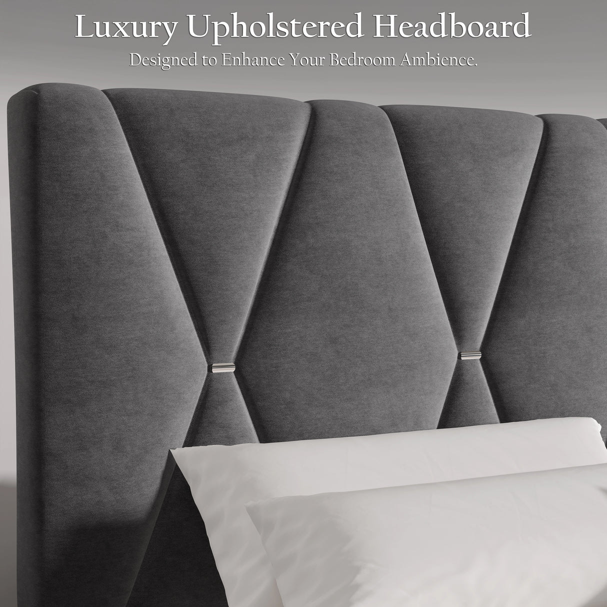 Grey upholstered headboard with geometric design, featuring text 'Luxury Upholstered Headboard Designed to Enhance Your Bedroom Ambience'.