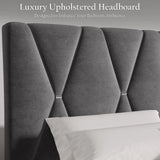 Grey upholstered headboard with geometric design, featuring text 'Luxury Upholstered Headboard Designed to Enhance Your Bedroom Ambience'.