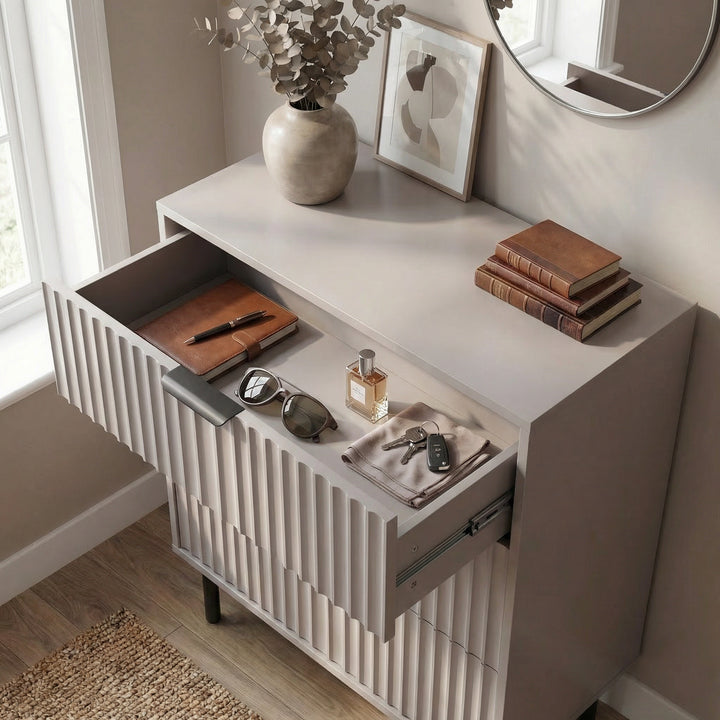 [Grey] Interior view of grey drawer displaying painted finish and smooth internal space with black handles
