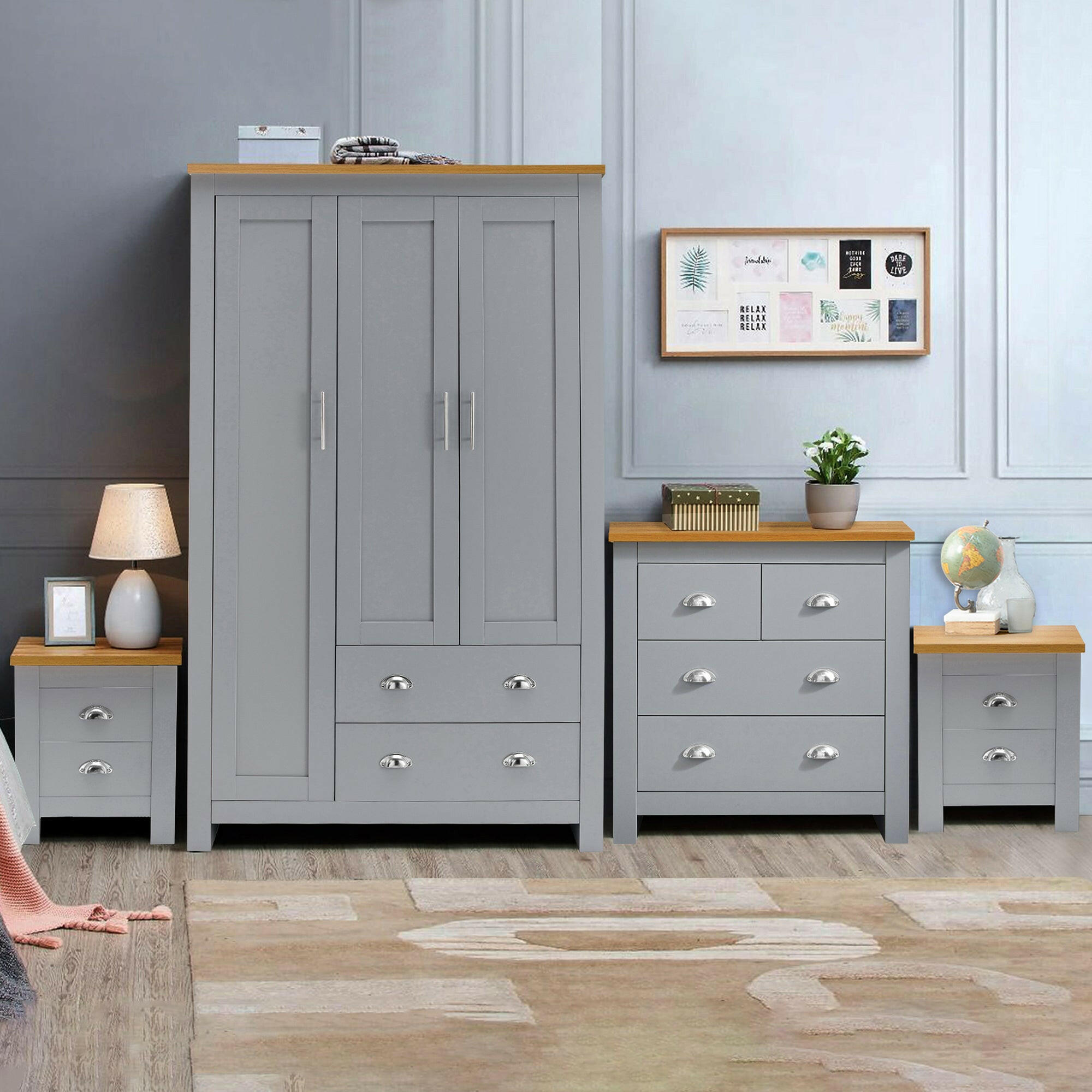 Grey bedroom furniture set 4 piece with wardrobe, chest of drawers, and two bedside tables.