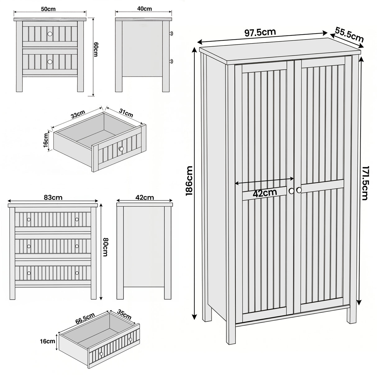 [Grey] Linra bedroom furniture set wardrobe 97.5 x 55.5 x 186 cm chest 83 x 42 x 80 cm bedside 50 x 40 x 60 cm