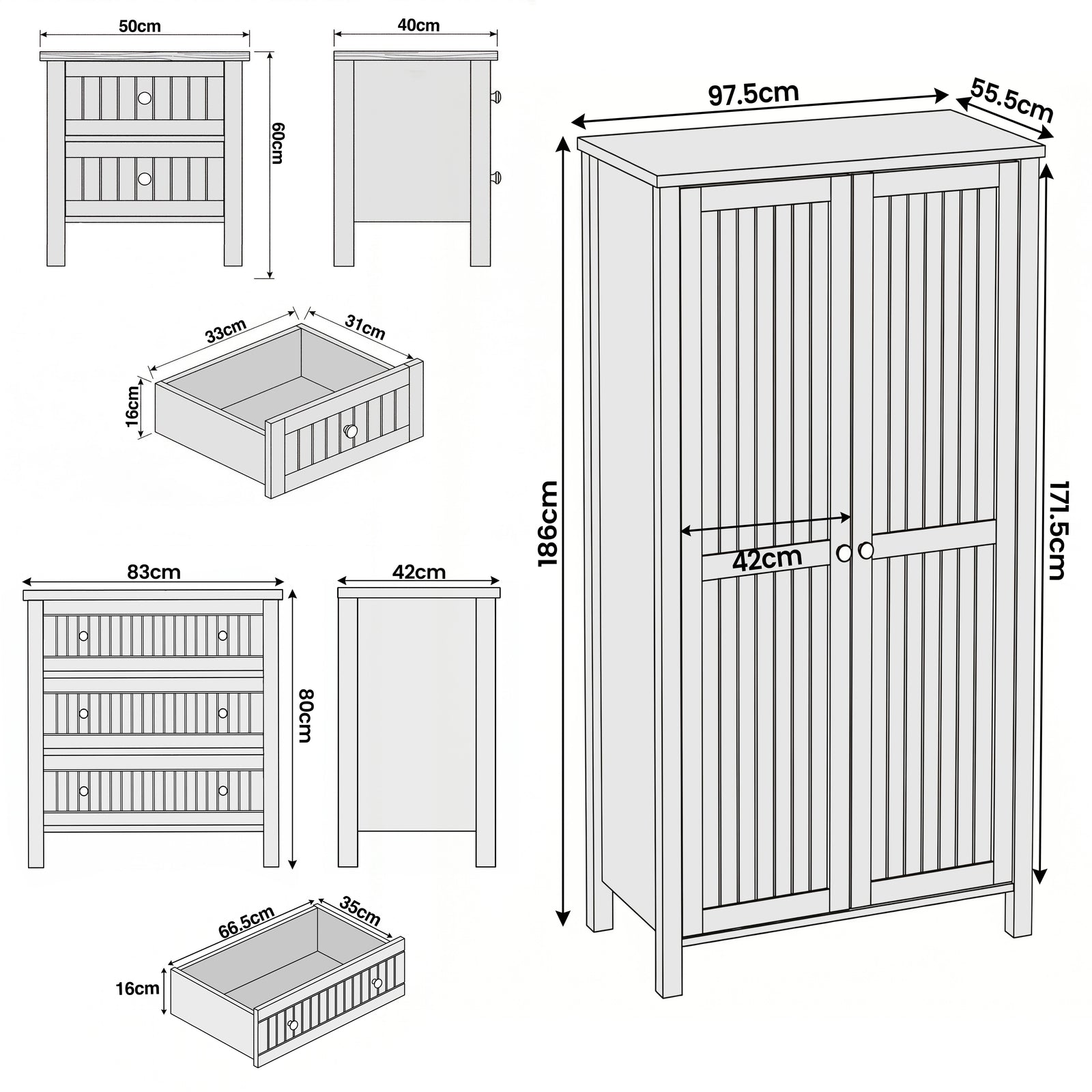 [Grey] Linra bedroom furniture set wardrobe 97.5 x 55.5 x 186 cm chest 83 x 42 x 80 cm bedside 50 x 40 x 60 cm