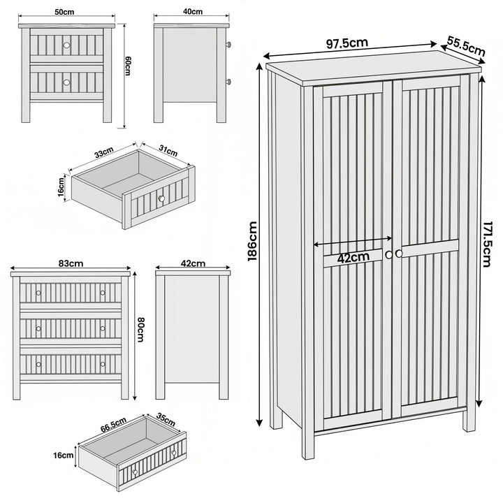 [Grey] Linra bedroom furniture set wardrobe 97.5 x 55.5 x 186 cm chest 83 x 42 x 80 cm bedside 50 x 40 x 60 cm