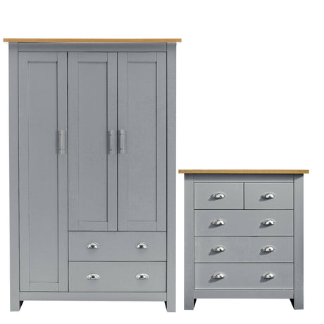 Grey bedroom furniture set featuring a wardrobe with drawers and a chest of drawers.