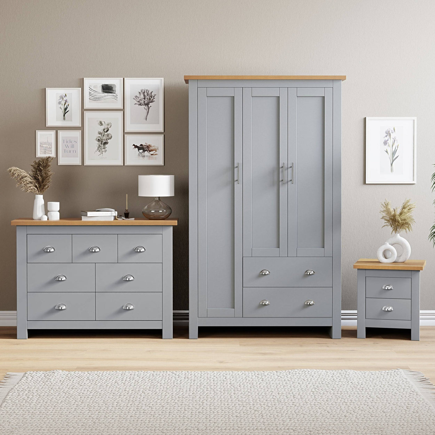 Grey bedroom furniture set with chest of drawers and bedside table, stylish and practical.
