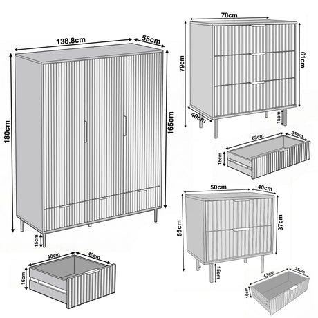 Dimension diagram for grey wardrobe, chest of drawers, and bedside table with its width, height, and depth, including drawer