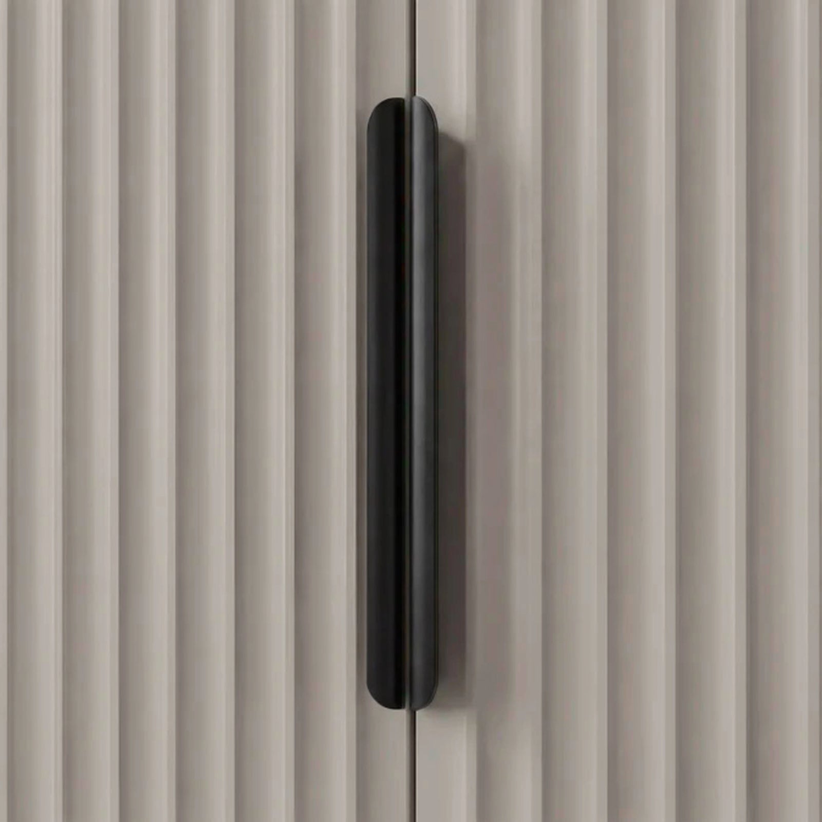 [Grey] wardrobe handle detail with vertical metal grip mounted on textured panel