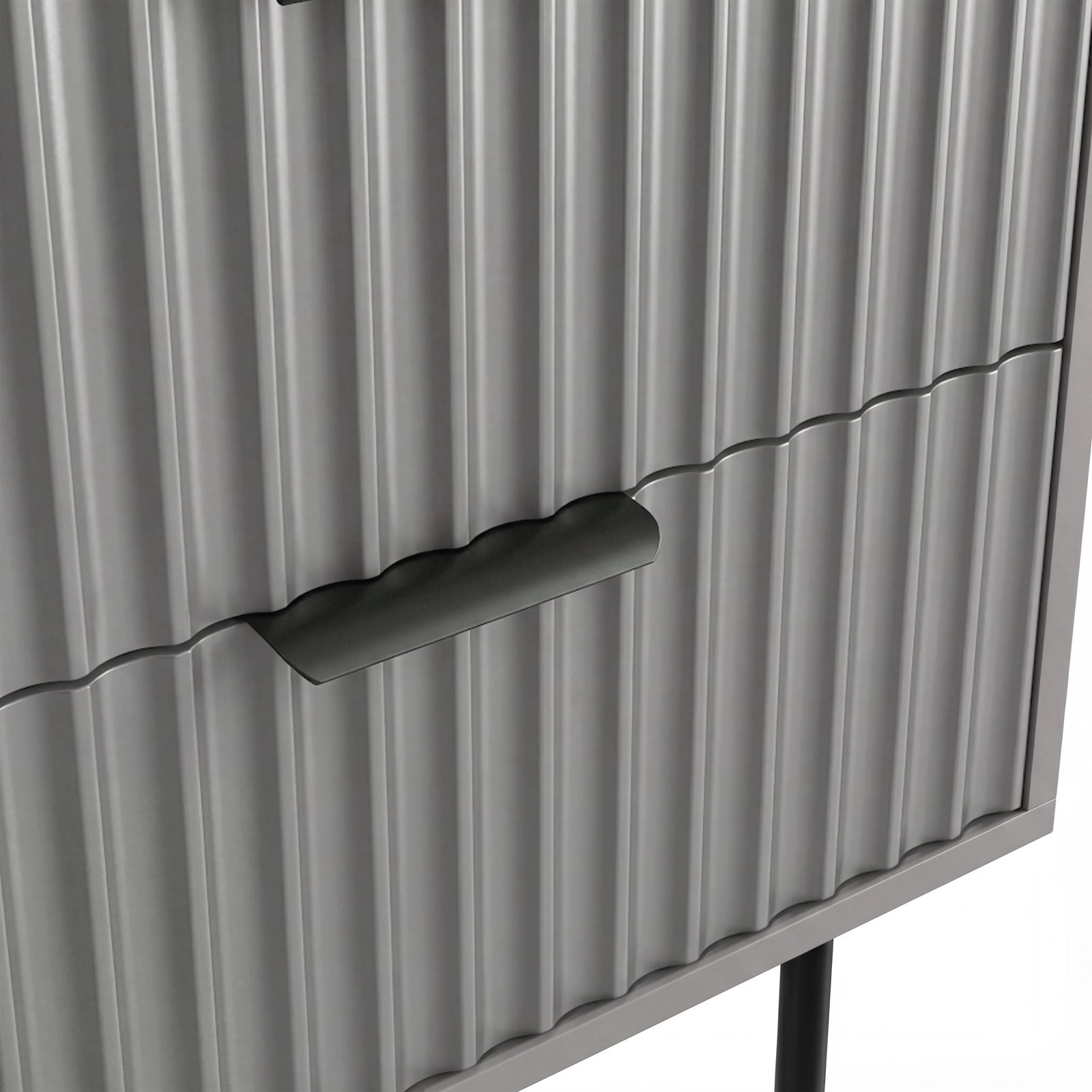 [Grey] Close detail of the black metallic handle fixed to the grey flutrina design drawer surface of a nightstand