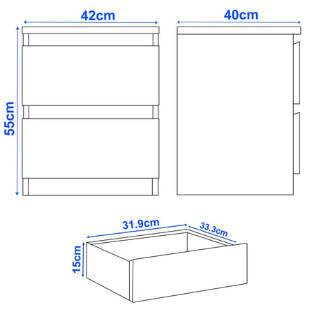 Dimensions of a grey bedside table and shelf on a white background
