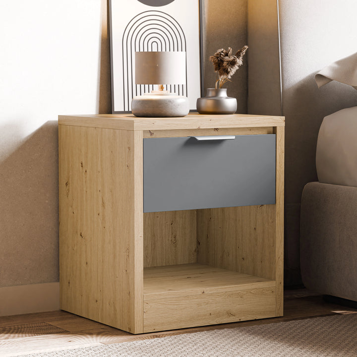 [Oak+Grey] Skova 1 drawer bedside table styled beside a beige bed, framed arch print behind