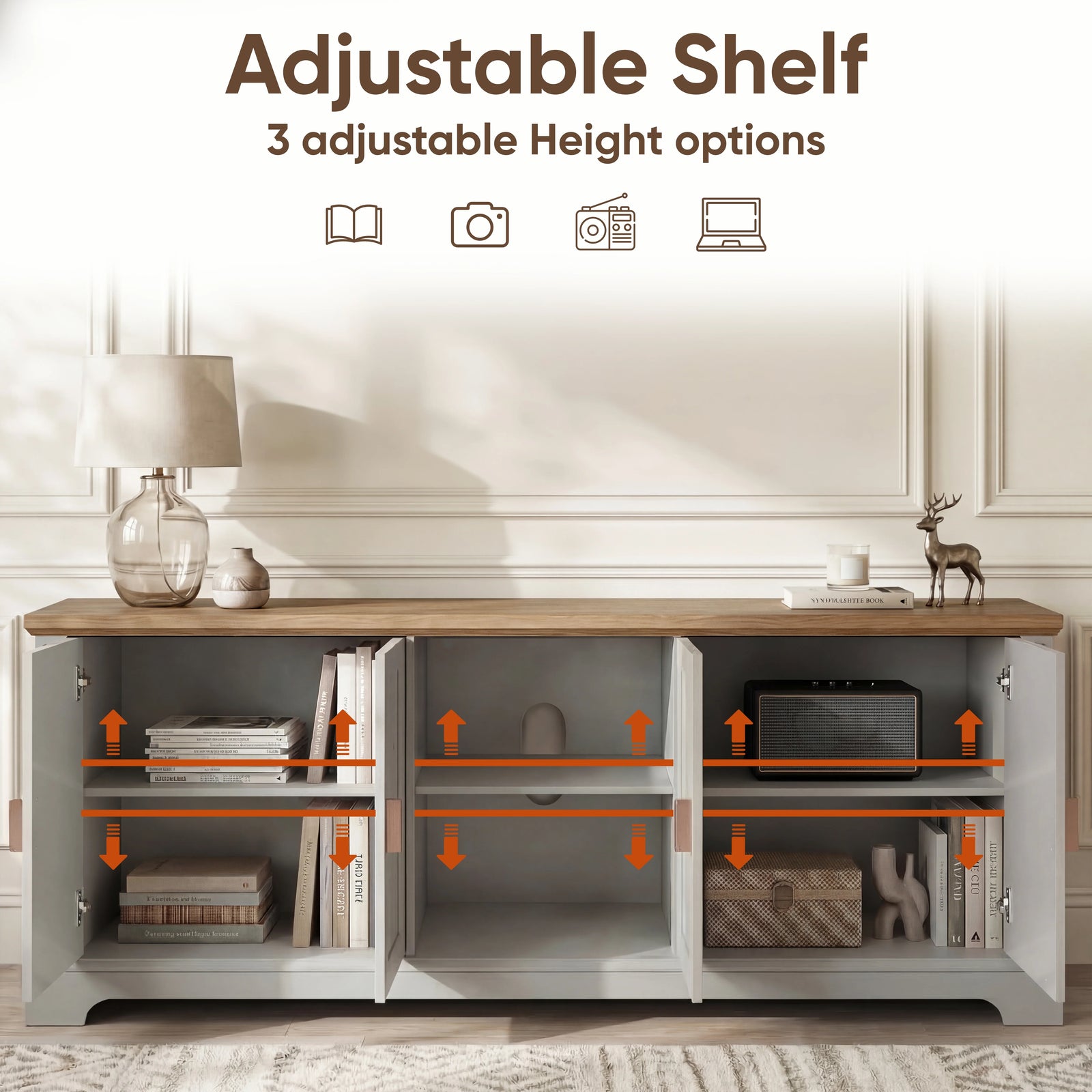 [Grey | 170cm] Bellford TV unit with all doors open and orange arrows marking three adjustable shelf height options