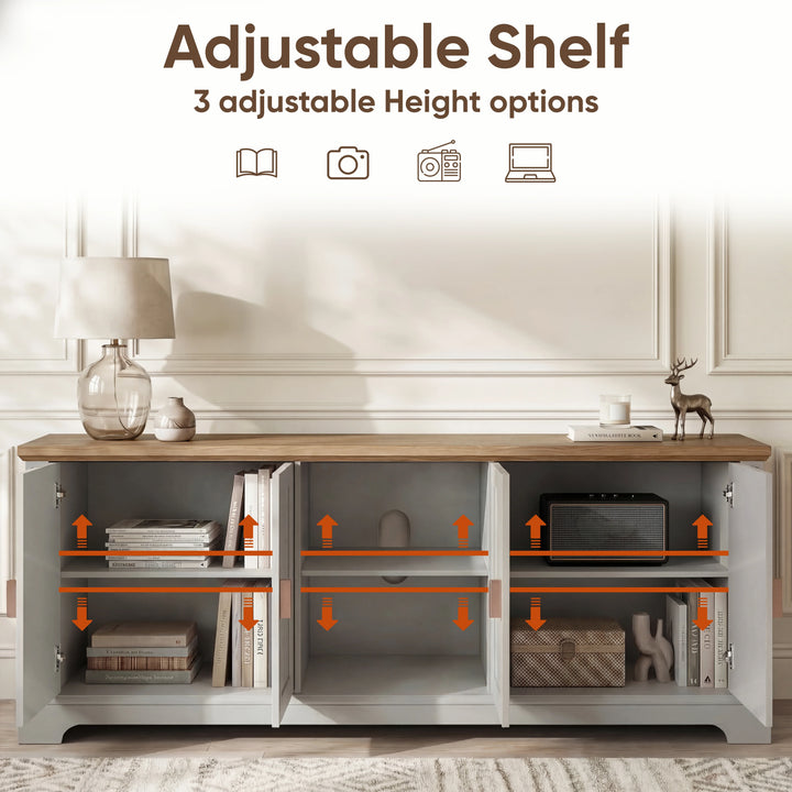 [Grey | 170cm] Bellford TV unit with all doors open and orange arrows marking three adjustable shelf height options