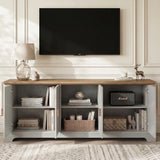 [Grey | 170cm] Bellford TV unit with all doors open in a panelled room showing books, speaker, baskets, and lamp