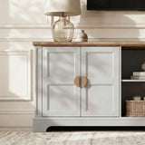 [Grey | 170cm] Bellford left cupboard open showing a shelf with a ceramic vase, candles, and stacked interior books