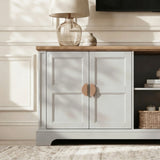 [Grey | 170cm] Bellford left cupboard open showing a shelf with a ceramic vase, candles, and stacked interior books