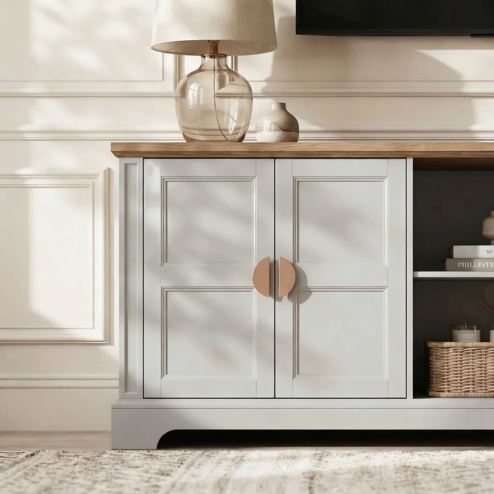 [Grey | 170cm] Bellford left cupboard open showing a shelf with a ceramic vase, candles, and stacked interior books
