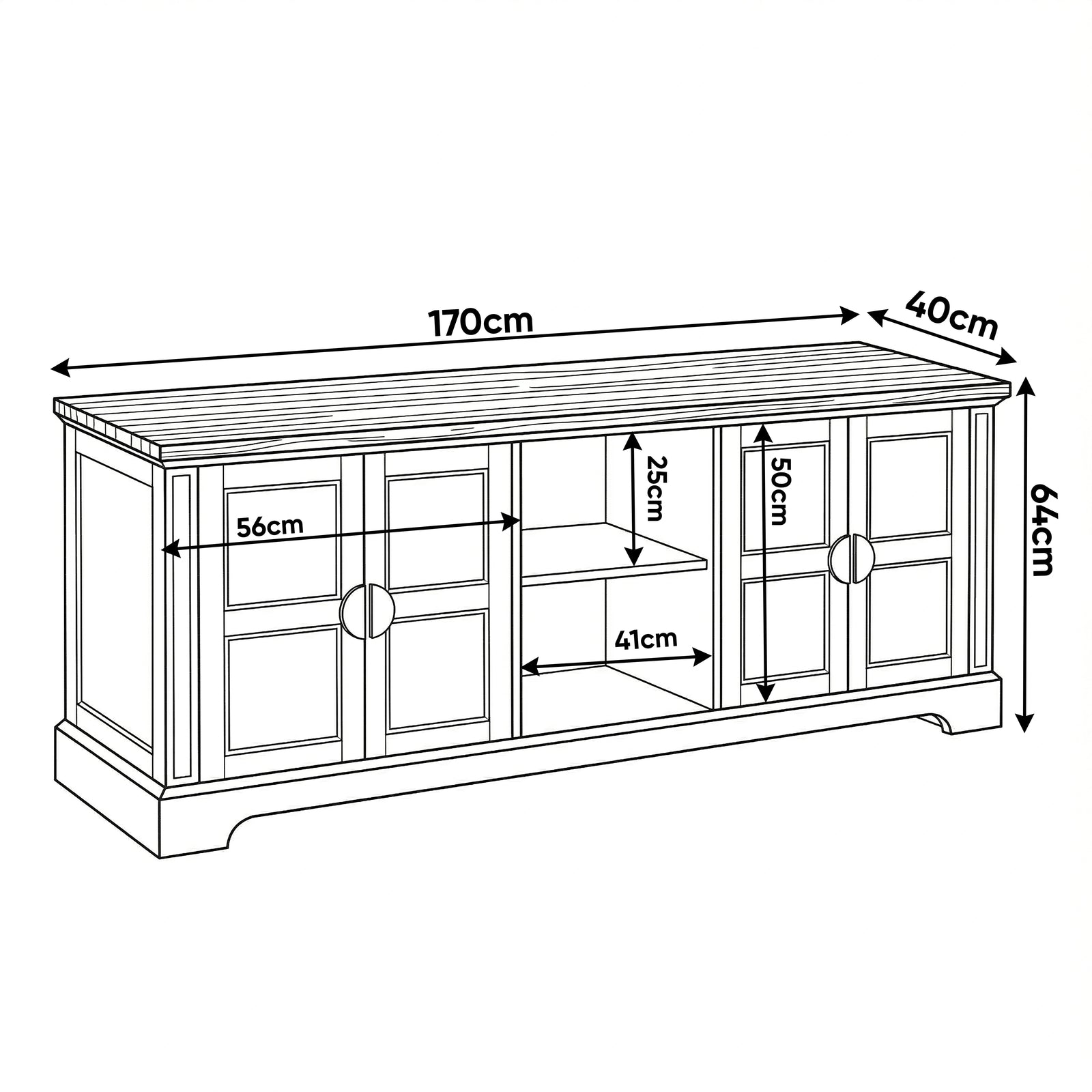 [Grey | 170cm] Bellford TV unit size guide showing W170 x D40 x H64cm with 25cm open shelf and 50cm door height