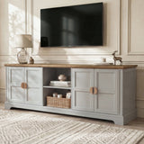 [Grey | 170cm] Bellford TV unit front view in a panelled living room with doors closed, TV mounted, and styled top
