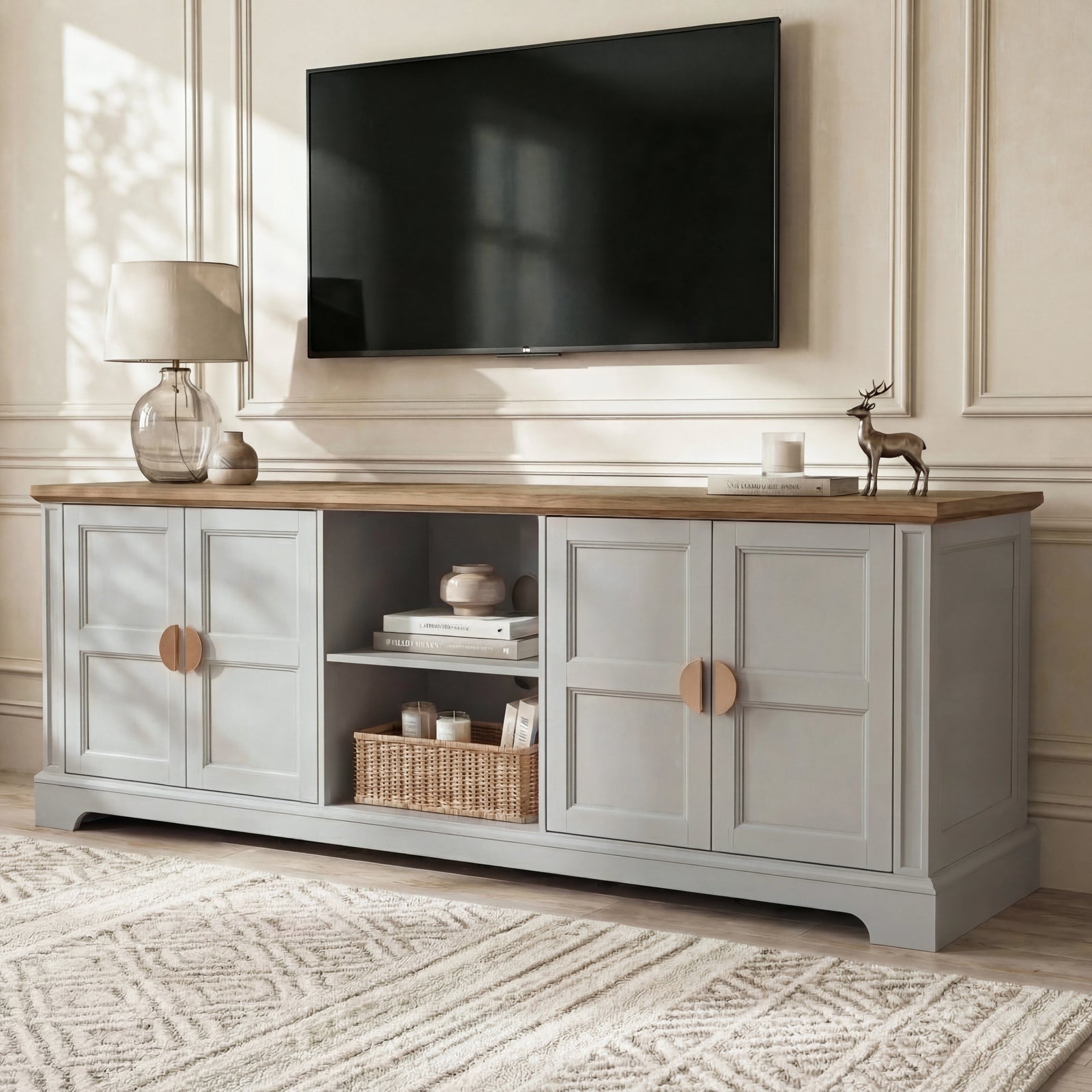 [Grey | 170cm] Bellford TV unit front view in a panelled living room with doors closed, TV mounted, and styled top