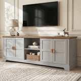 [Grey | 170cm] Bellford TV unit front view in a panelled living room with doors closed, TV mounted, and styled top