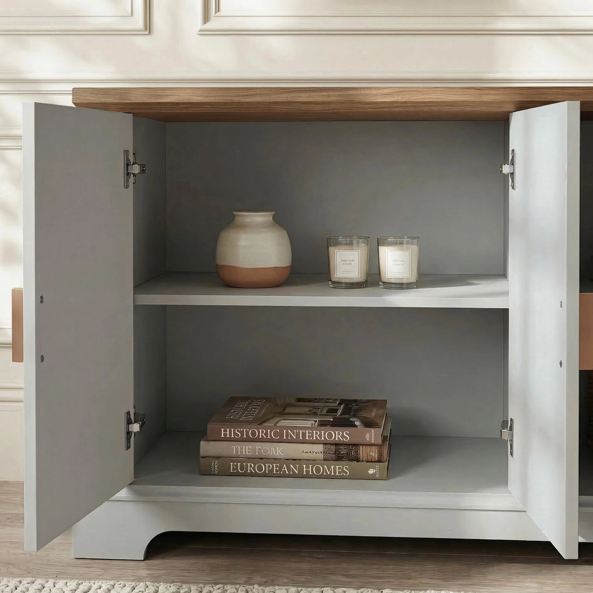 [Grey | 170cm] Bellford TV unit front view in a panelled living room with doors closed, TV mounted, and styled top