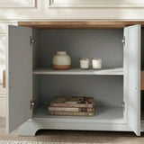 [Grey | 170cm] Bellford TV unit front view in a panelled living room with doors closed, TV mounted, and styled top