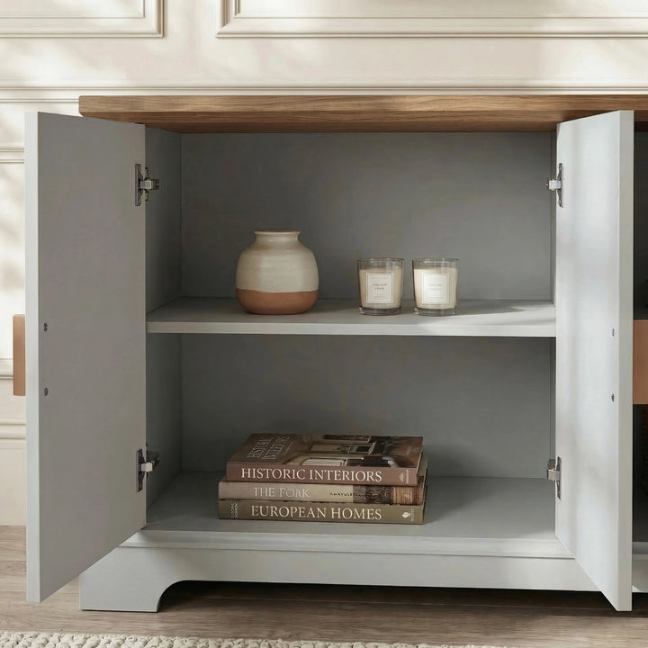 [Grey | 170cm] Bellford TV unit front view in a panelled living room with doors closed, TV mounted, and styled top