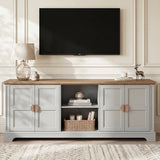 [Grey | 170cm] Bellford TV unit in a bright panelled room with doors closed and a wicker basket in the open shelves