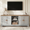 [Grey | 170cm] Bellford TV unit in a bright panelled room with doors closed and a wicker basket in the open shelves