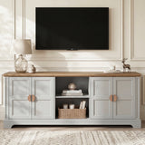 [Grey | 170cm] Bellford TV unit in a bright panelled room with doors closed and a wicker basket in the open shelves