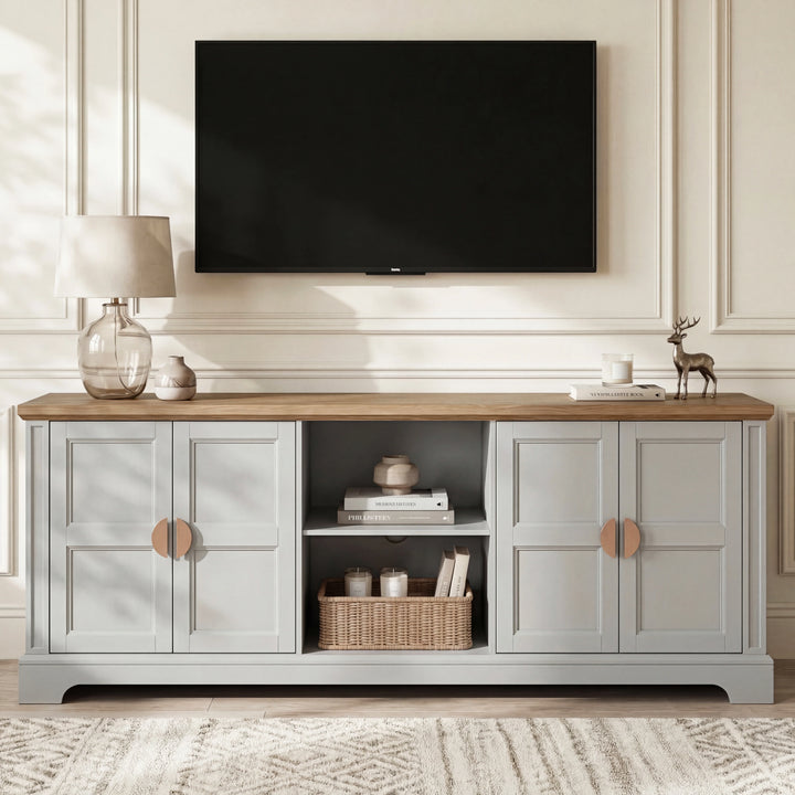 [Grey | 170cm] Bellford TV unit in a bright panelled room with doors closed and a wicker basket in the open shelves