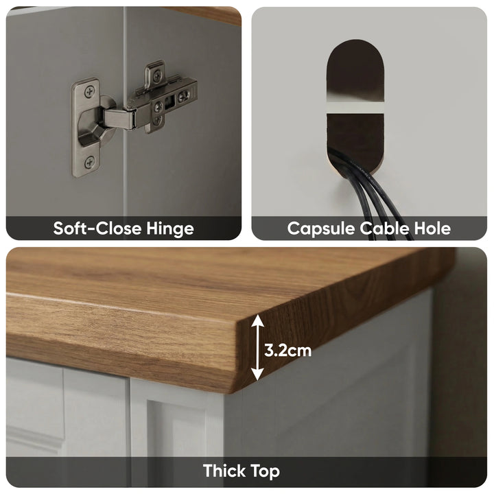 [Grey | 170cm] Bellford close-up trio of soft-close hinge, capsule cable hole for wire routing, and 3.2cm oak top