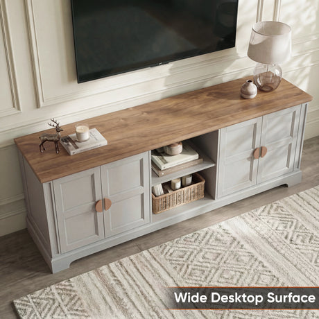 [Grey | 170cm] Bellford TV unit viewed from above with oak effect top, a deer ornament, and a glass table lamp